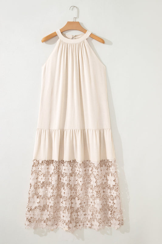 Floral Sheer Lace Patchwork Halter Maxi Dress