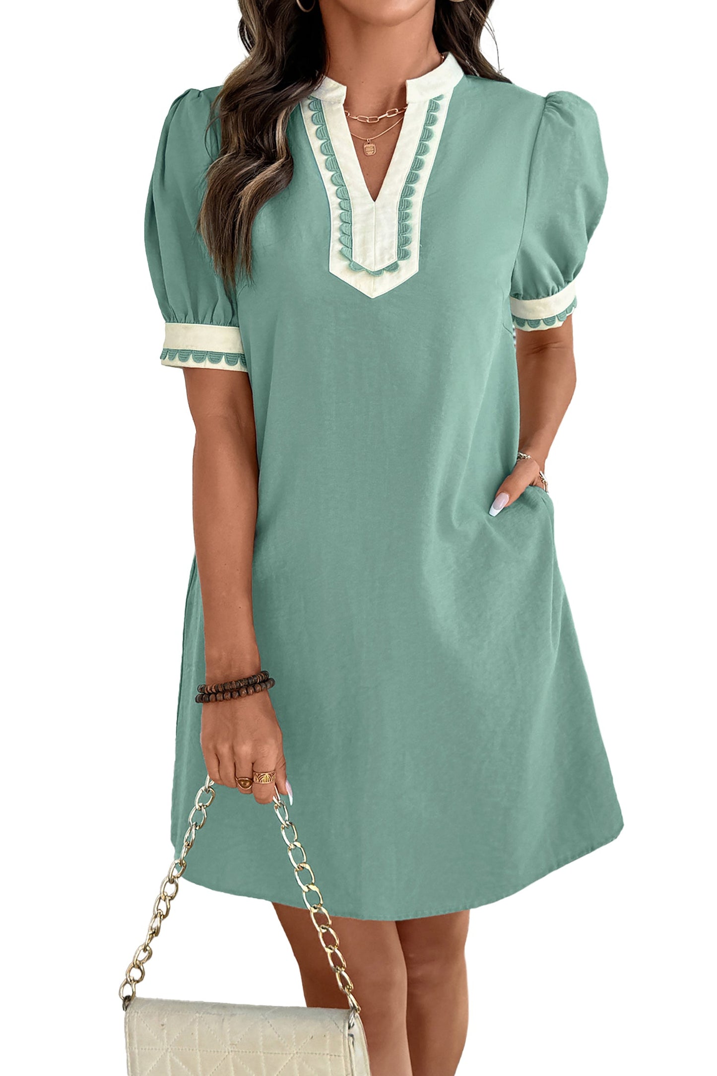 Scallop Trim Colorblock Puff Sleeve Mini Dress