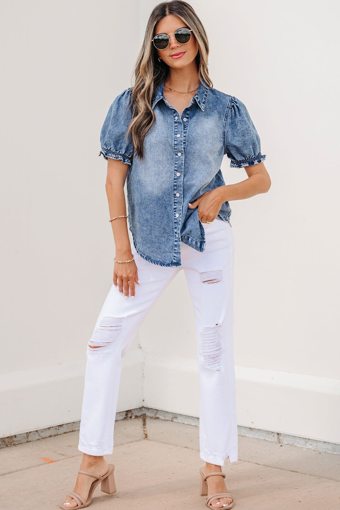 Denim Frilled Short Sleeve Snap Button Shirt