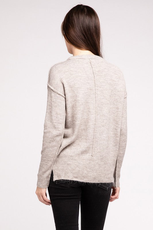 MELANGE HI-LOW HEM ROUND NECK SWEATER