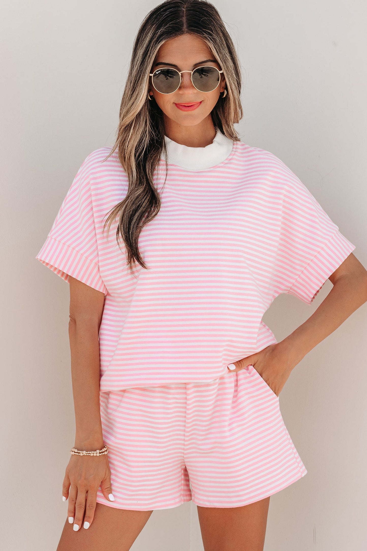 Stripe Contrast Mock Neck Tee & Shorts Set