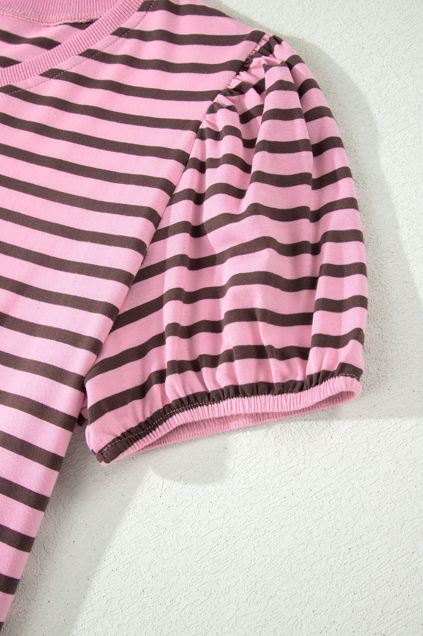 Stripe Ribbed Trim V-Neck Puff Sleeve Top