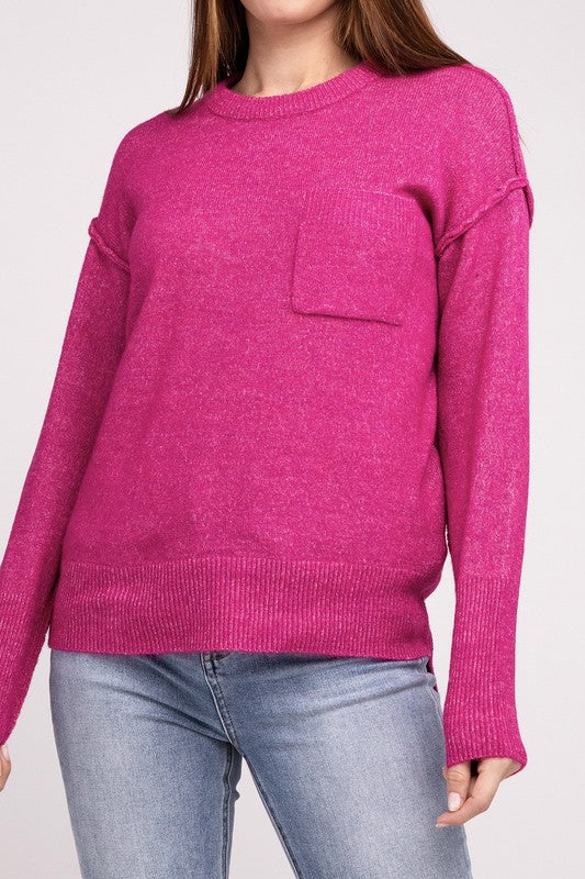 MELANGE HI-LOW HEM ROUND NECK SWEATER