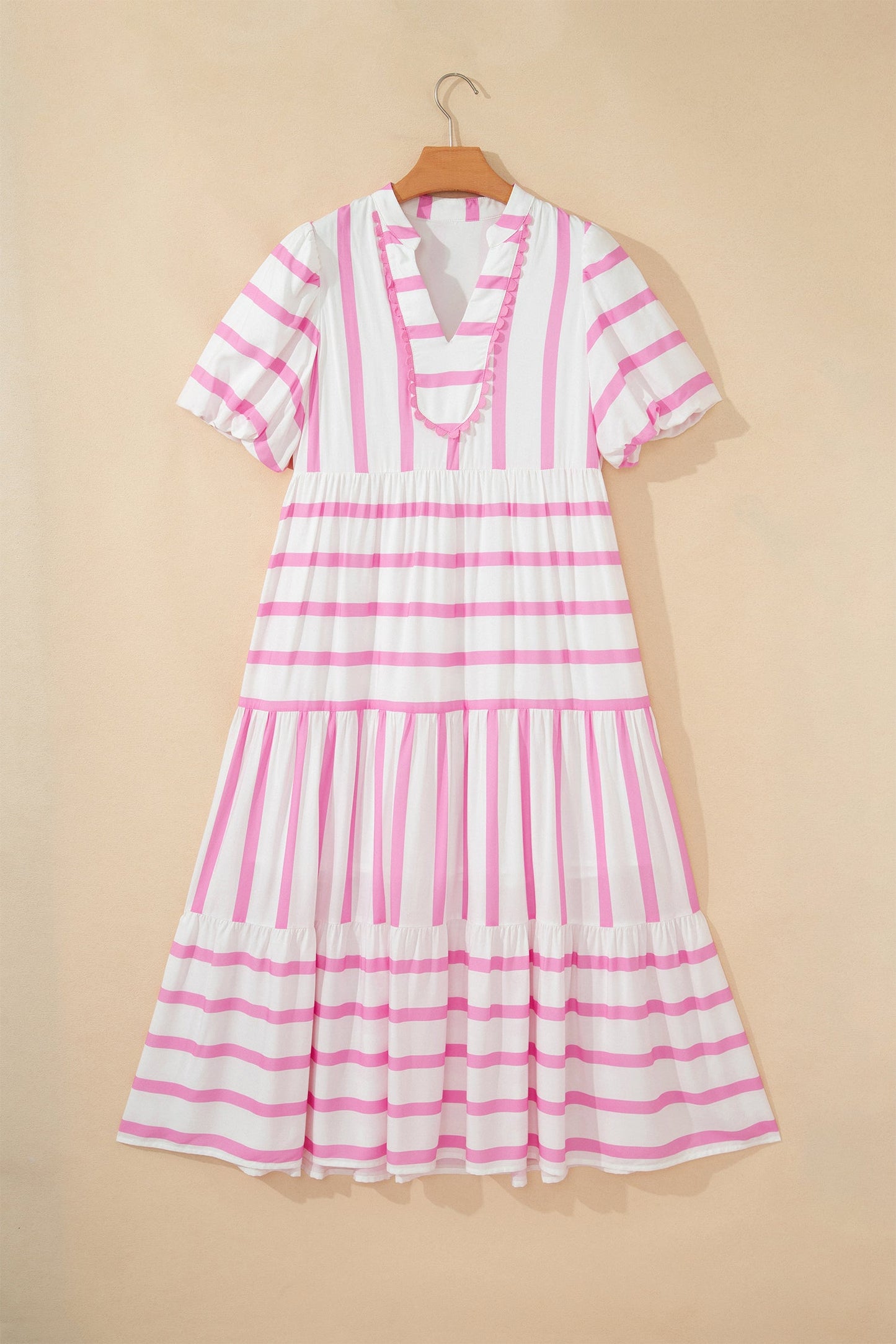 Stripe Ricrac Trim Notched Neck Midi Dress