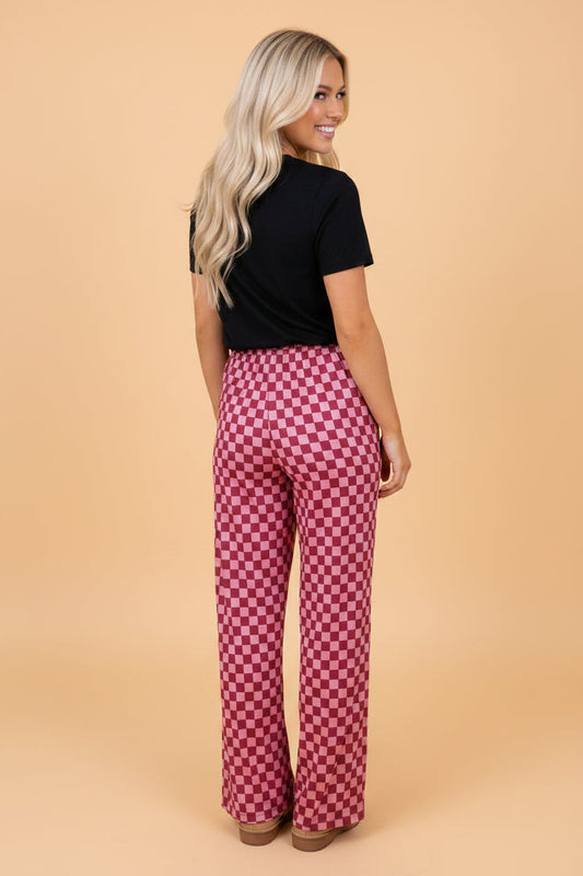 Checker Elastic Waist Wide Leg Pants