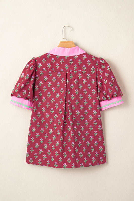 Floral Contrast Collared V-Neck Ricrac-Trim Blouse