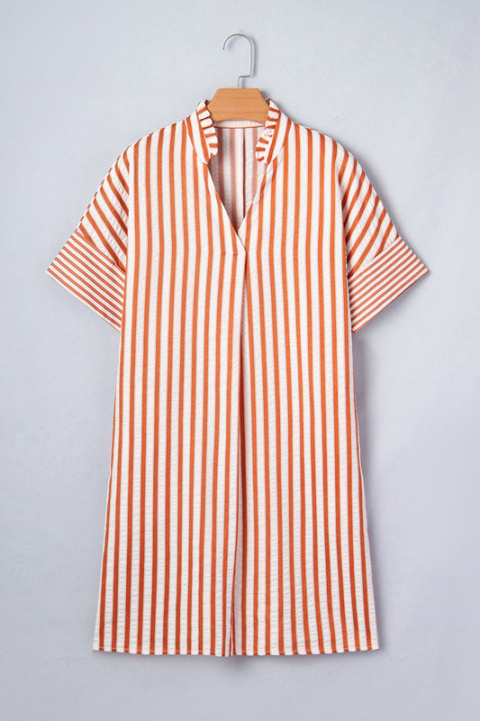 Stripe Pleated Frilled V-Neck Mini Dress