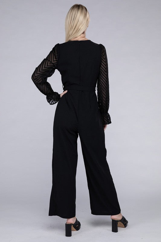 Sheer sleeve and Wide leg Jumpsuit
