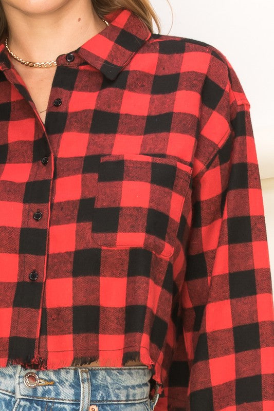 See Ya Plaid Print Button-Up Crop Top