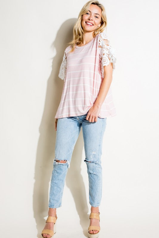 STRIPE JERSEY WITH LACE TOP