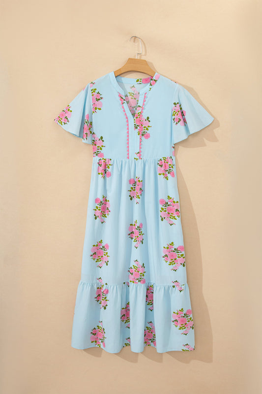 Floral Notched Neck Flutter Sleeve Maxi Dress