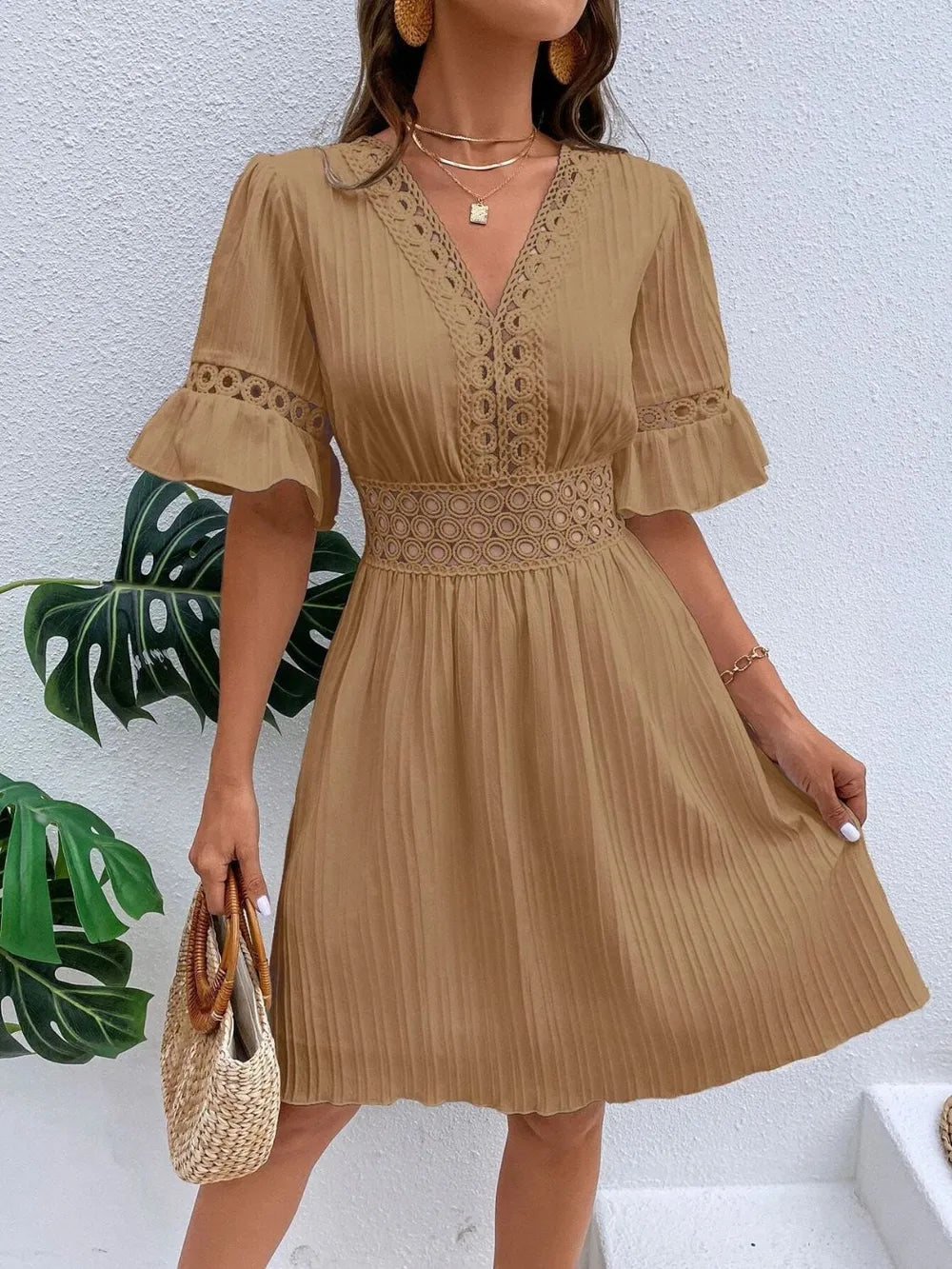 Cutout V-Neck Flounce Sleeve Mini Dress – Ruffled Lined Style
