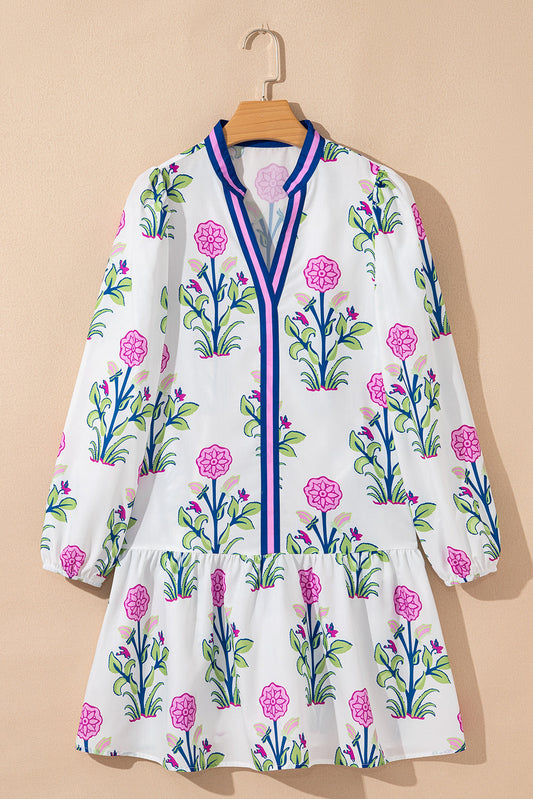 Floral Contrast Stripe Trim Notch Neck Dress