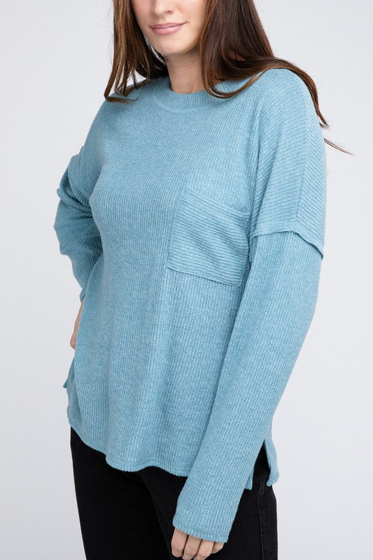 Ribbed Brushed Melange Hacci Sweater with a Pocket