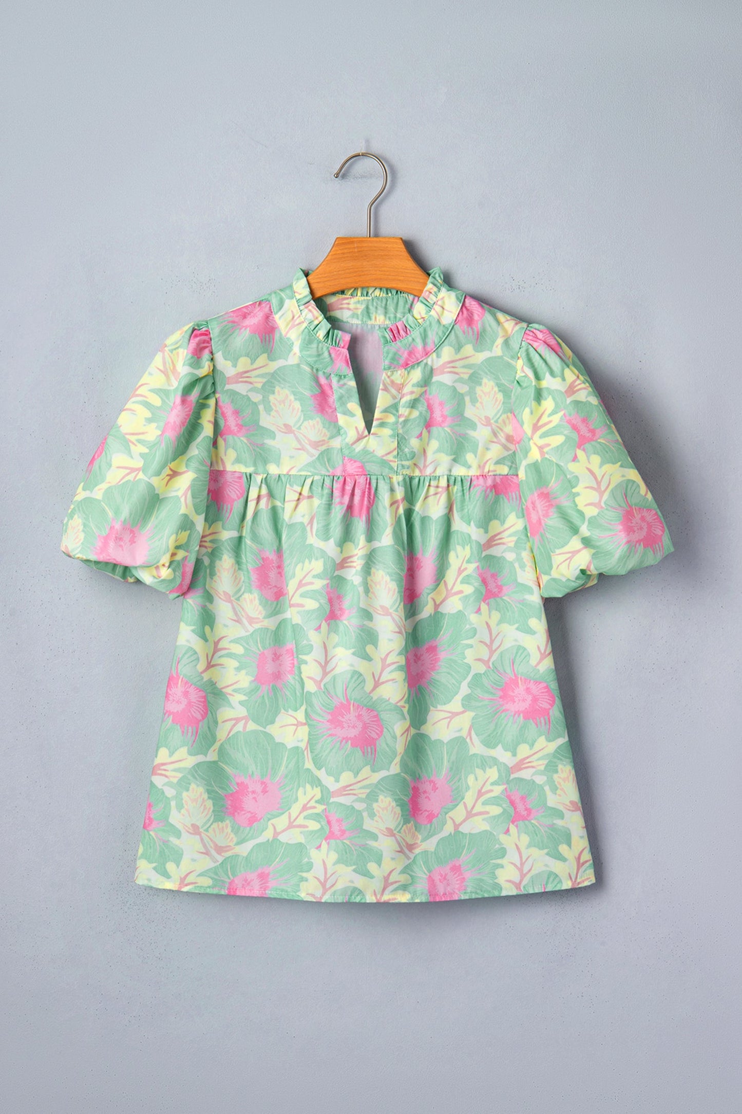 Floral Frilled V-Neck Bubble Sleeve Babydoll Blouse