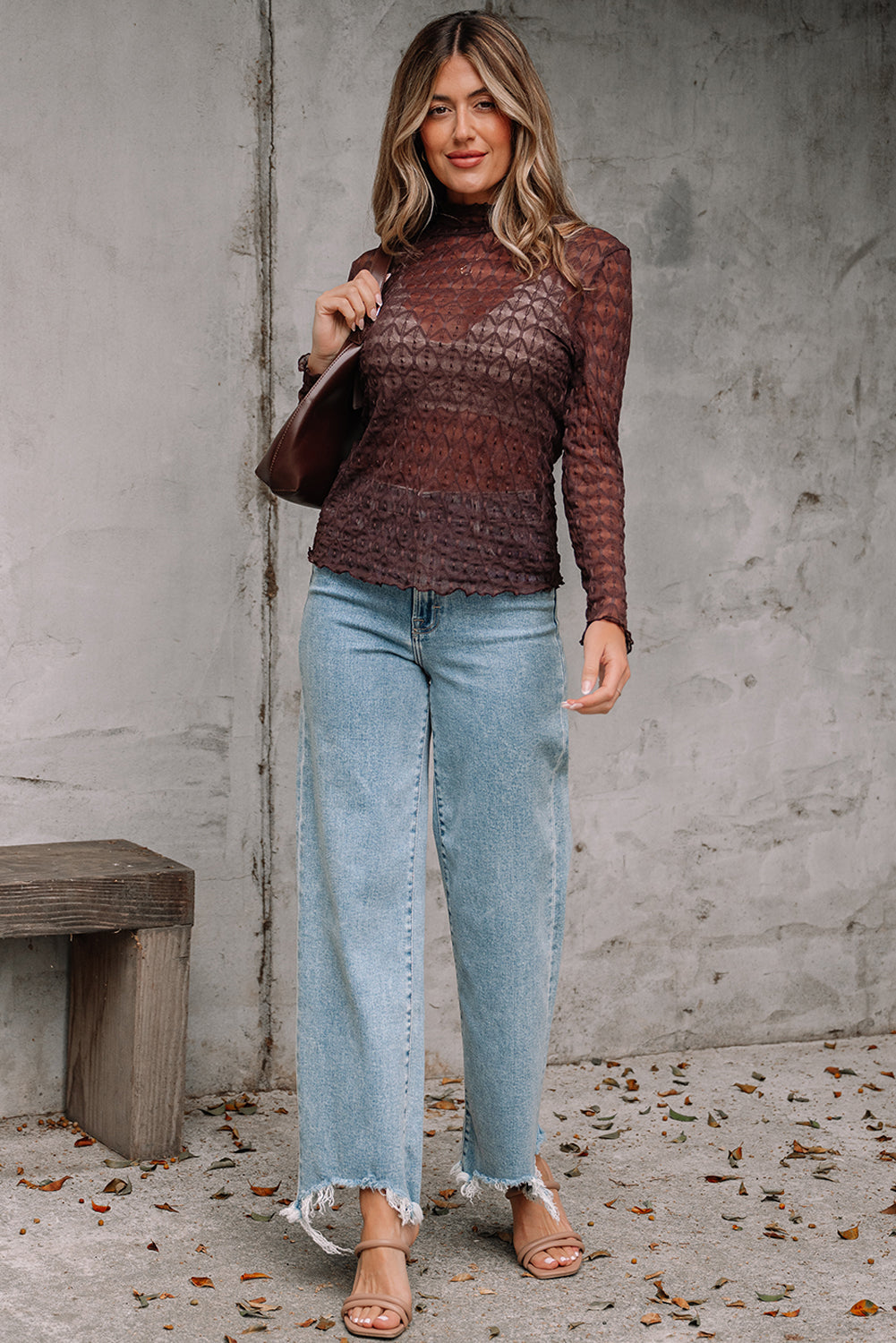 Sheer Mesh Lettuce Trim Long Sleeve Top