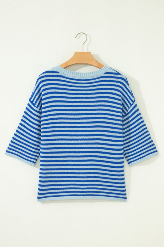 Stripe 3/4 Sleeve Button Down Knit Cardigan