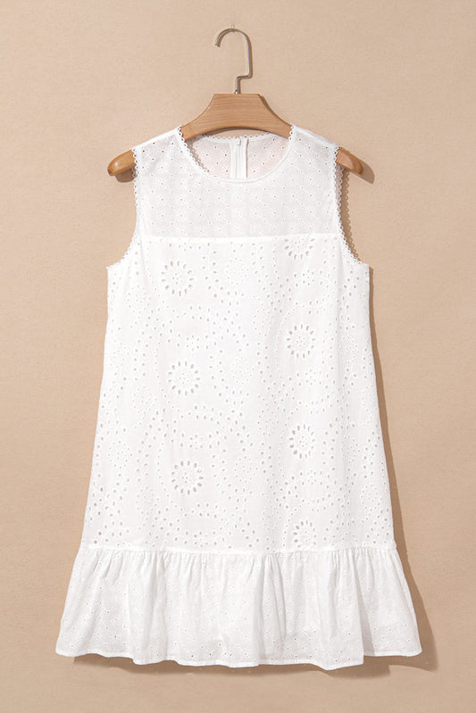 Floral Eyelet Embroidered Sleeveless Ruffle Hem Dress