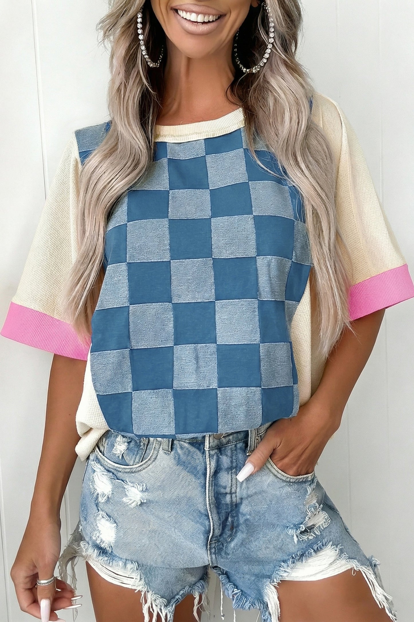 Checker Denim Patchwork Short Sleeve Loose Top