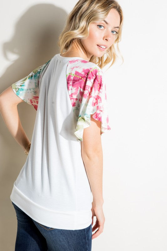 V NECK SHORT FLAIR SLEEVE TOP