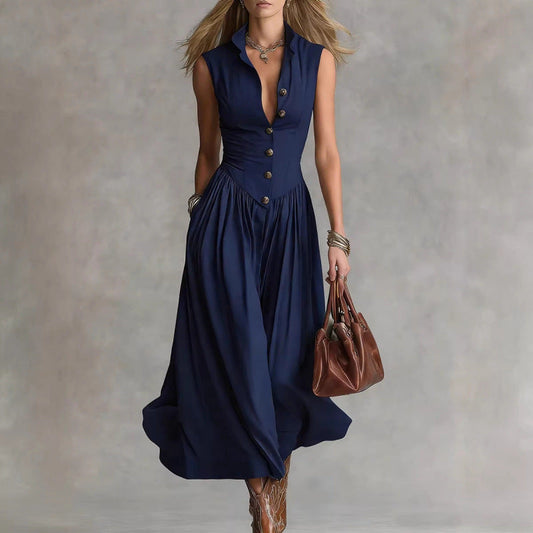 Sleeveless V-Neck Button Maxi Dress