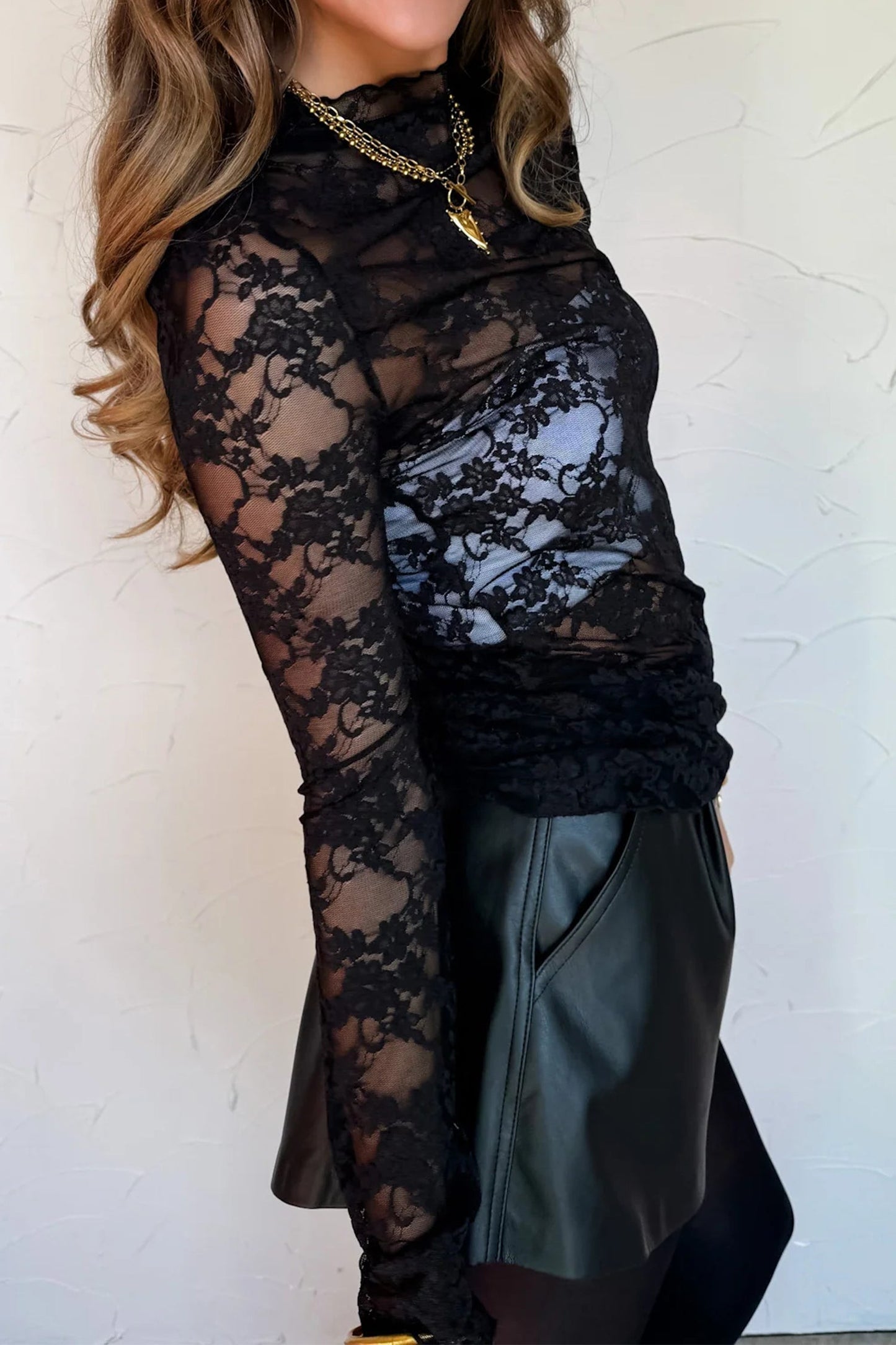 Sheer Floral Lace Mock Neck Long Sleeve Top