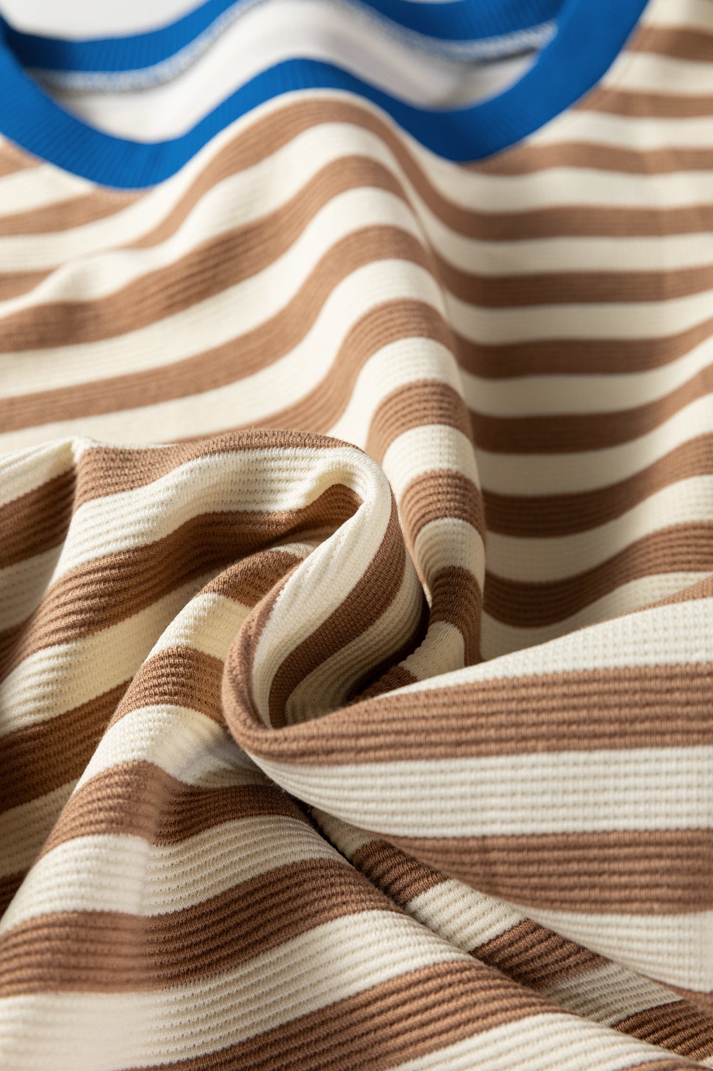 Kimberly Stripe Short Puff Sleeve Contrast Trim Round Neck Tee - Brown