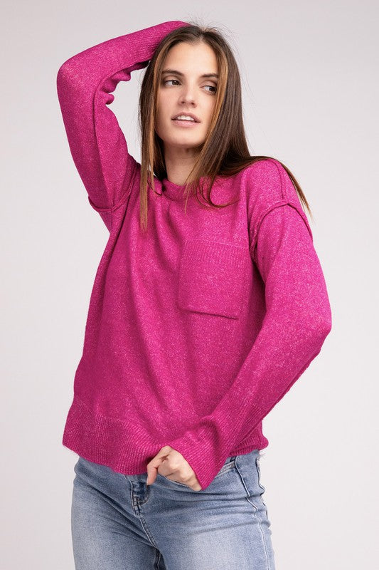 MELANGE HI-LOW HEM ROUND NECK SWEATER