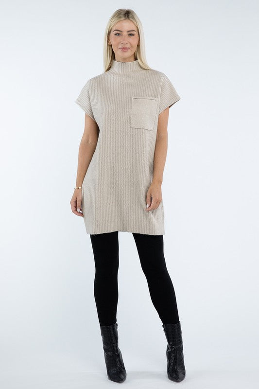 Mock Neck Short Sleeve Sweater Dress with Pocket