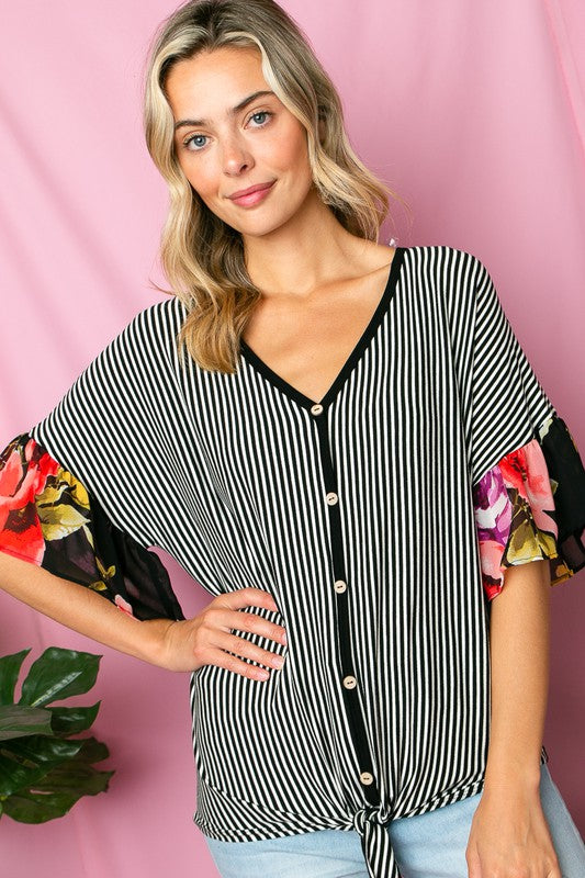 STRIPE FLORAL MIXED RUFFLE TOP