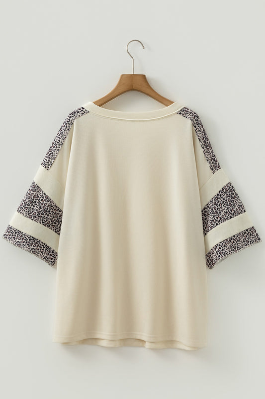 Plus Size Leopard Patchwork V-Neck Short Sleeve Top