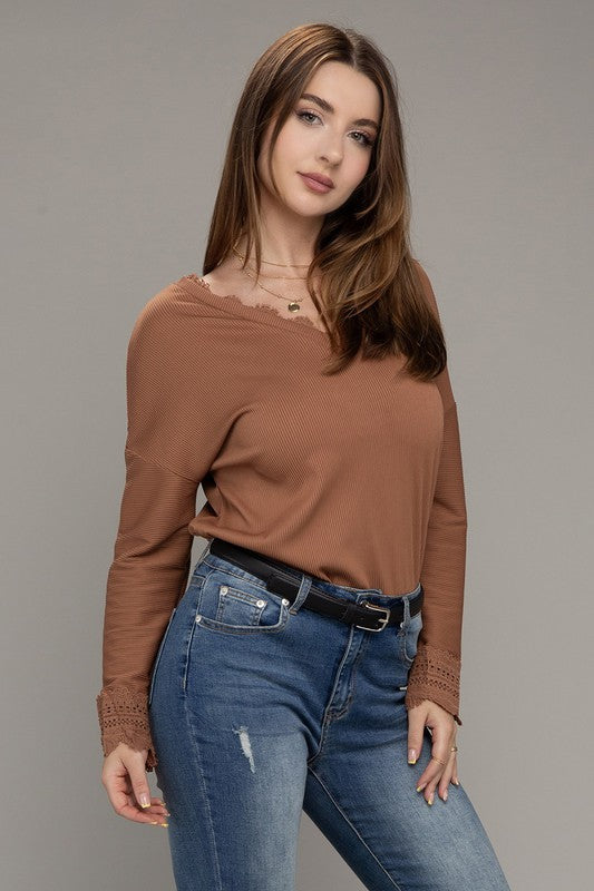 Lace Trim V Neck Long Sleeve