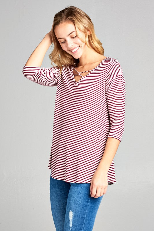 STRIPE JERSEY LACE UP NECK CASUAL TOP