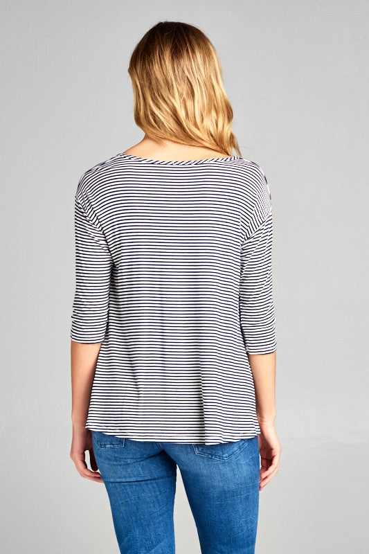 STRIPE JERSEY LACE UP NECK CASUAL TOP