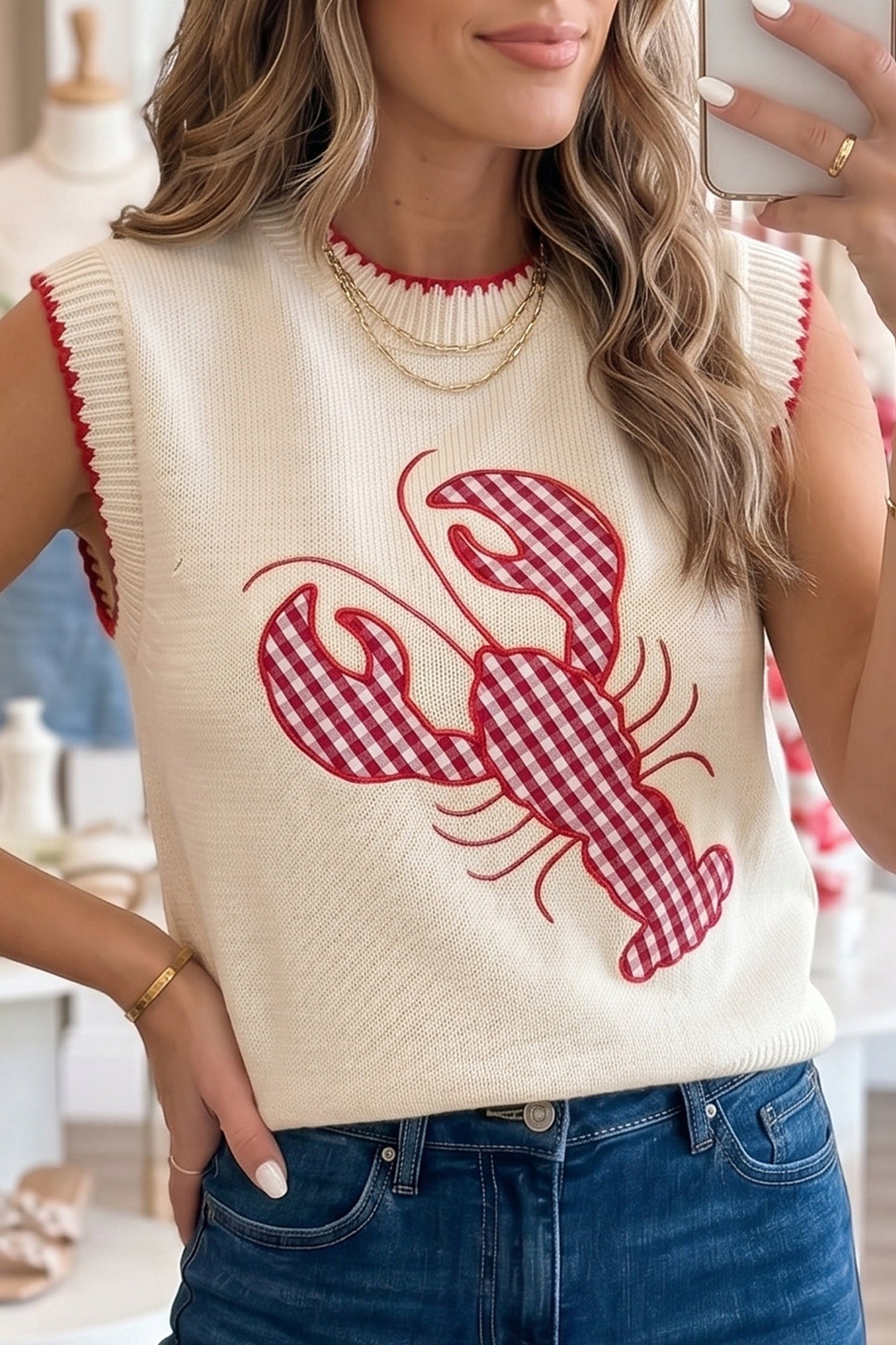 Gingham Plaid Crawfish Sleeveless Sweater Top