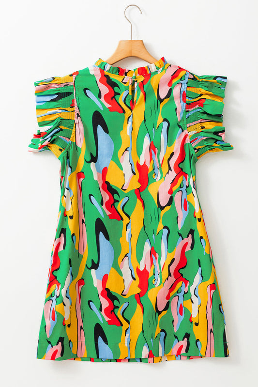 Abstract Frilled Neck Ruffle Sleeve Mini Dress