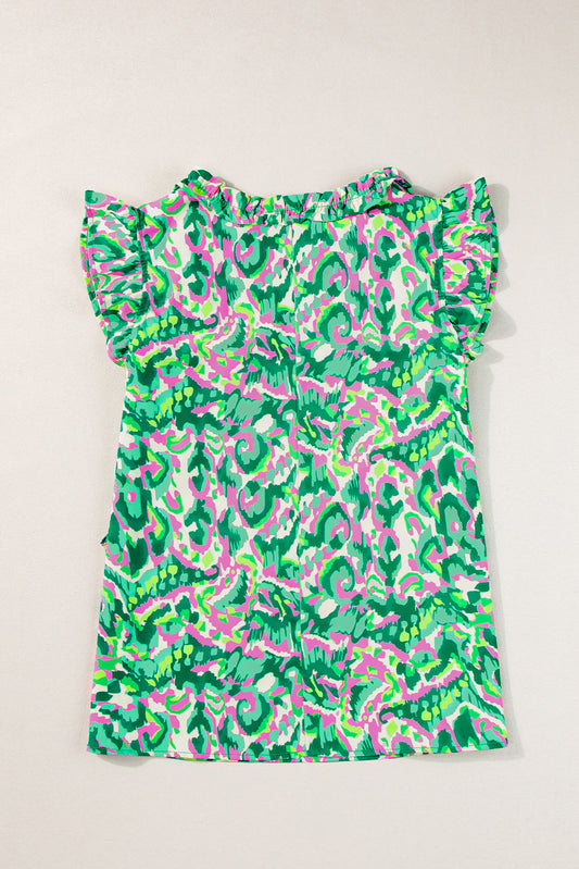 Abstract Ruffle Trim Tied Neck Tank Top