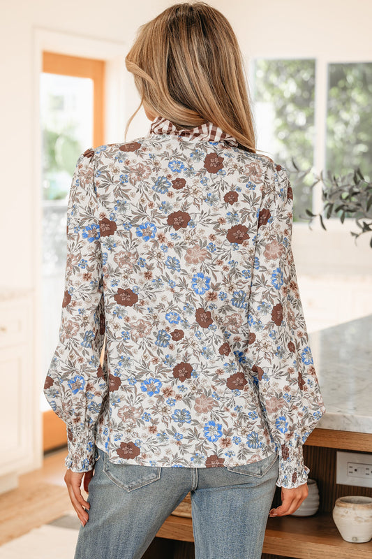 Floral Gingham Plaid Frilled Trim Long Sleeve Blouse