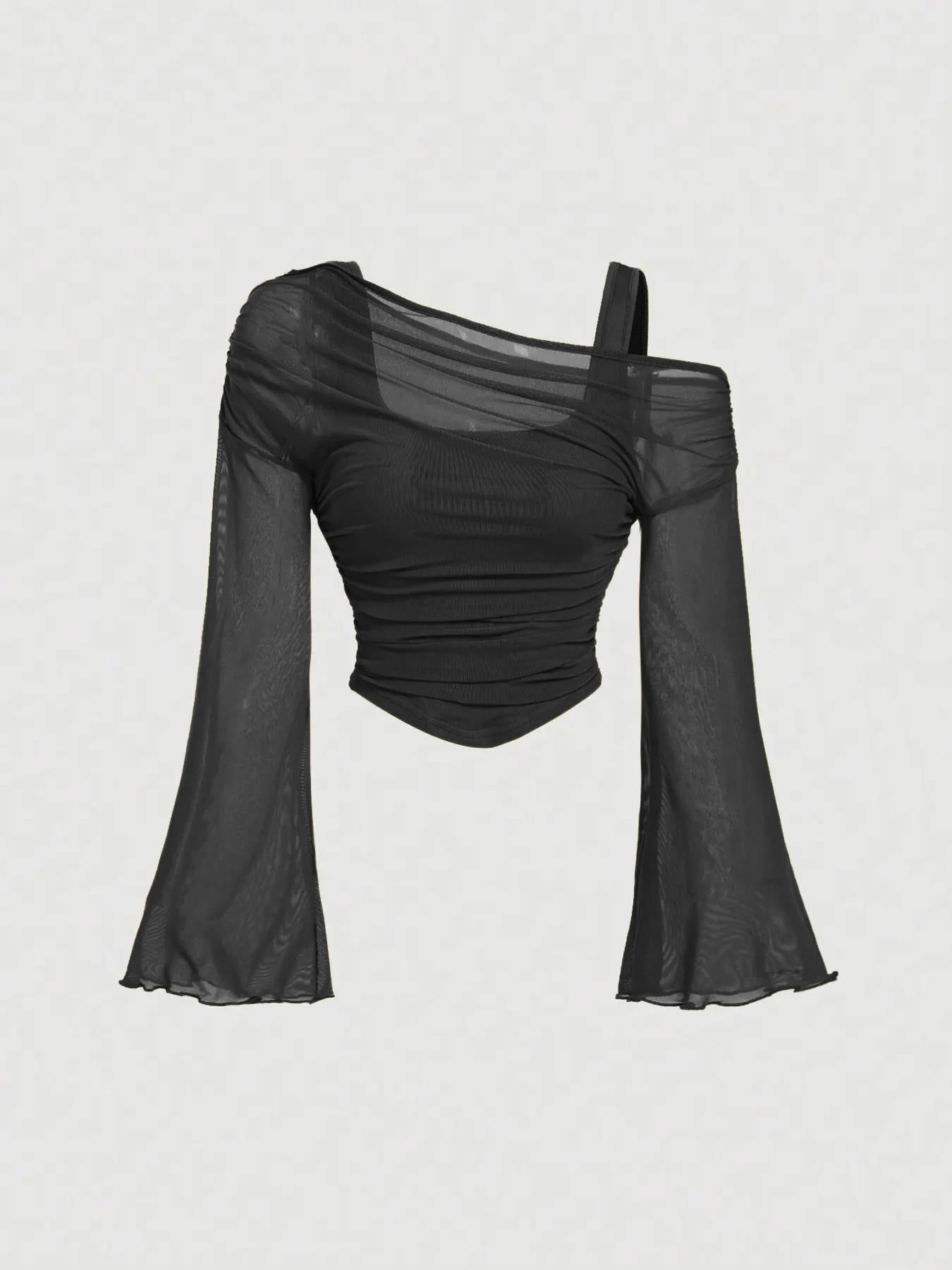 Women's Mesh Neck Pleated Long-Sleeve Top – Slim Fit Knit