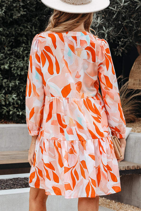 Abstract Split Neck Long Sleeve Dress