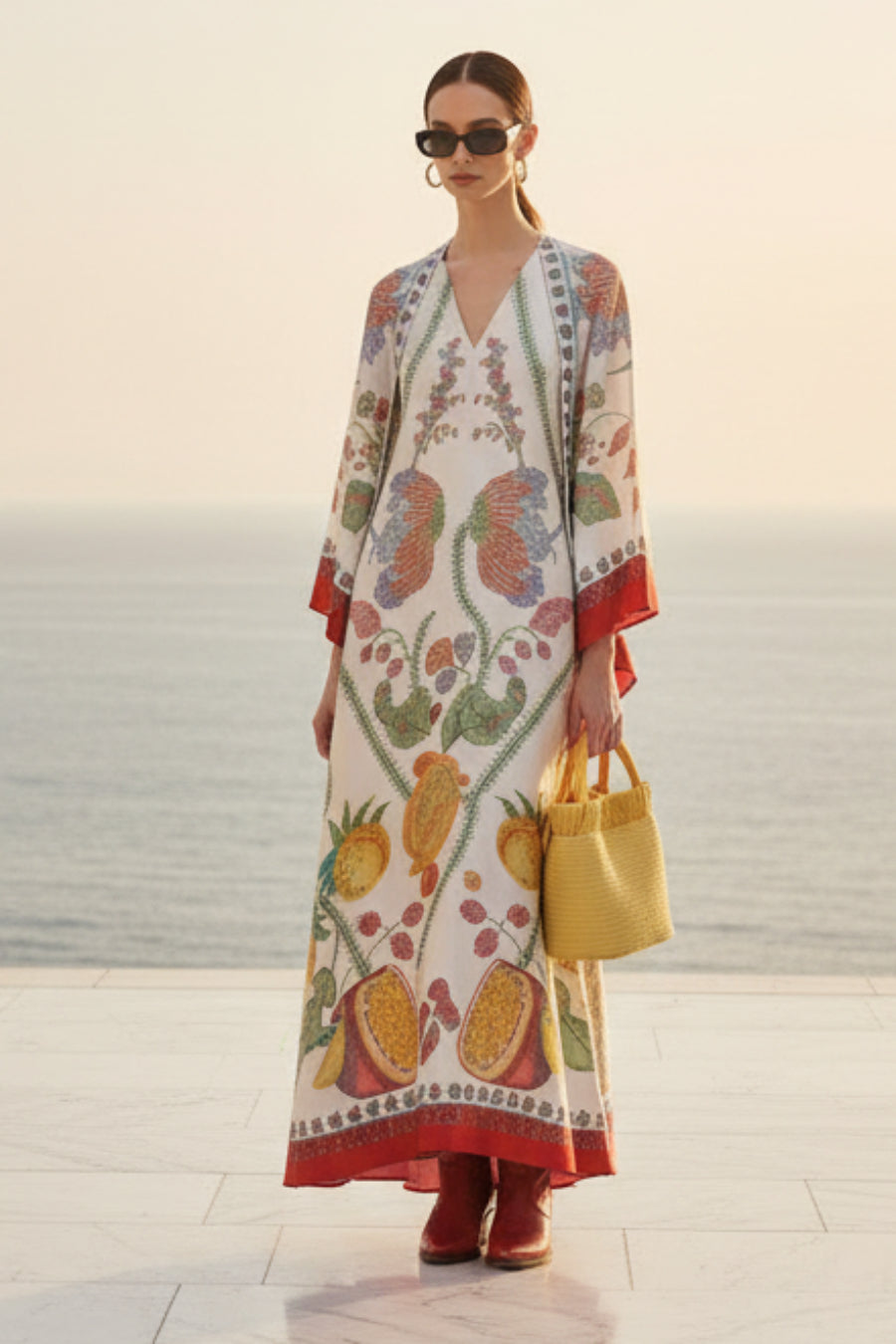Women's Printed Maxi Dress – Stand Collar Flared Sleeve A-Line Gown