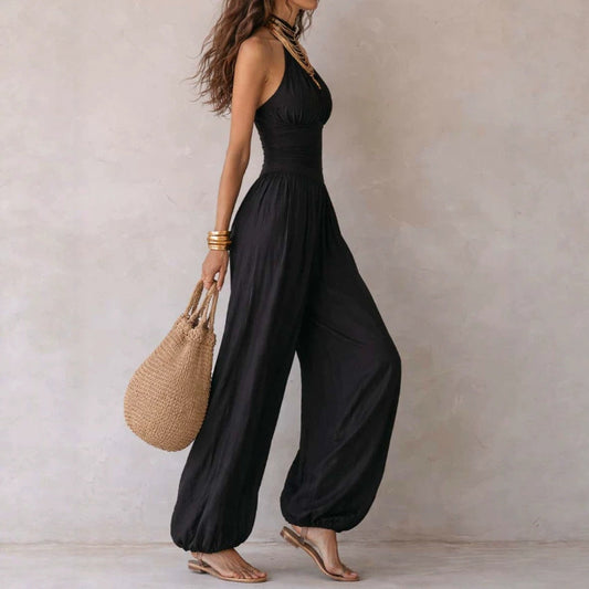Sleeveless Halter Neck Backless High Waist Jumpsuit for Women – Wide Leg Casual