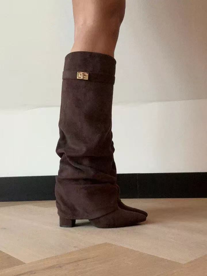 Women's Slouchy Pleated Mid-Calf Boots – Pointed Toe Chunky Heel Faux Suede