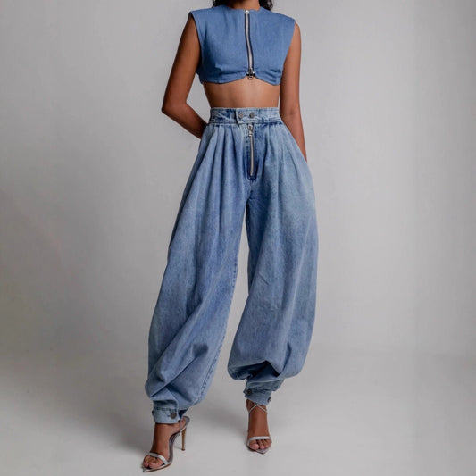 High Waisted Leg-Tie Jeans – Zipper Detail Button Closure Long Pants