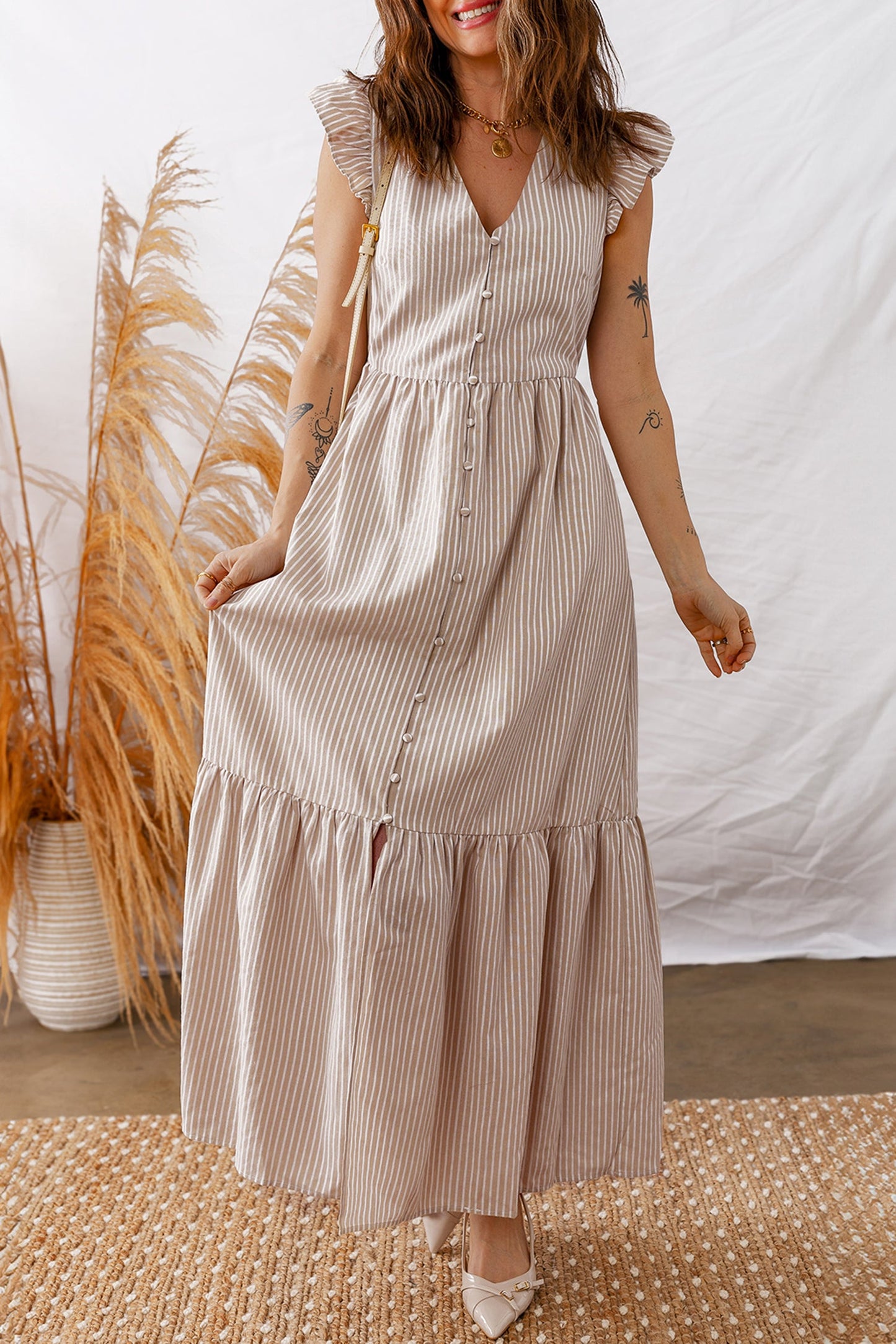 Stripe Flutter Sleeve Buttoned V-Neck Maxi Dress