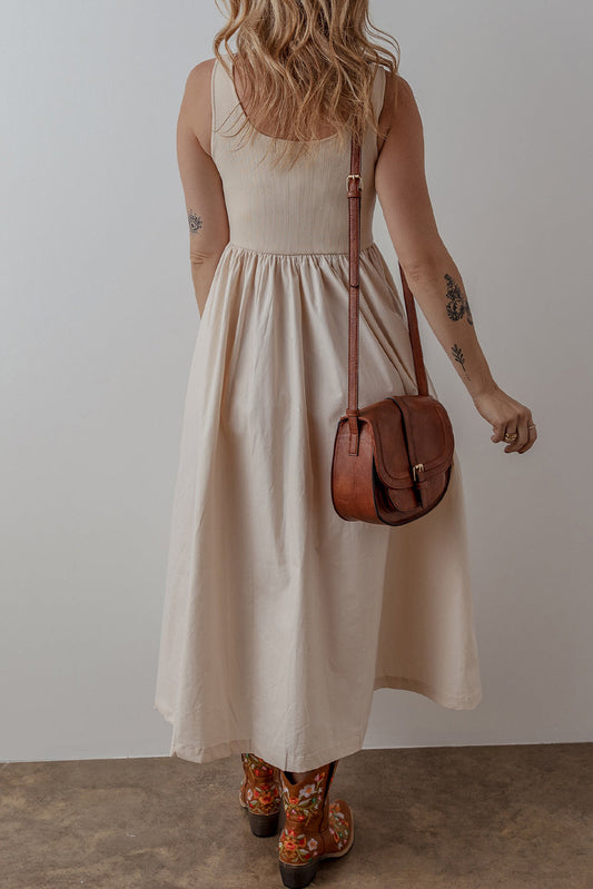 Solid Scoop Neck Ribbed Bodice Pleated Maxi Dress