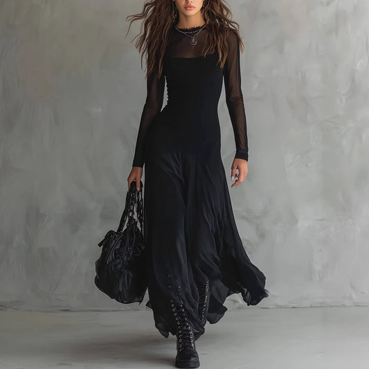 Women's Black See-Through Mesh Long Sleeve Maxi Dress – Elegant Sheer Overlay Gown