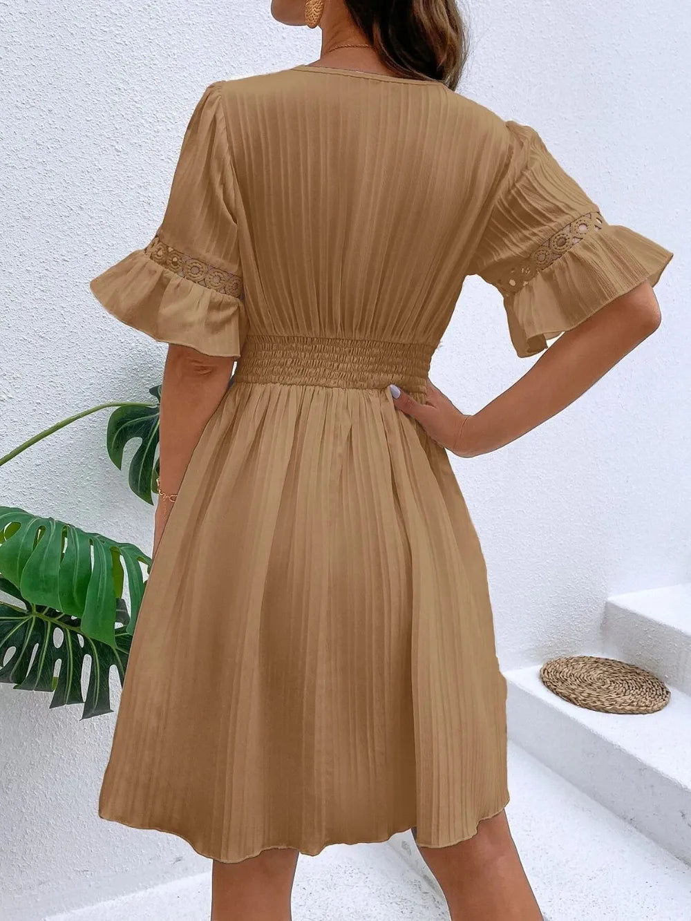Cutout V-Neck Flounce Sleeve Mini Dress – Ruffled Lined Style
