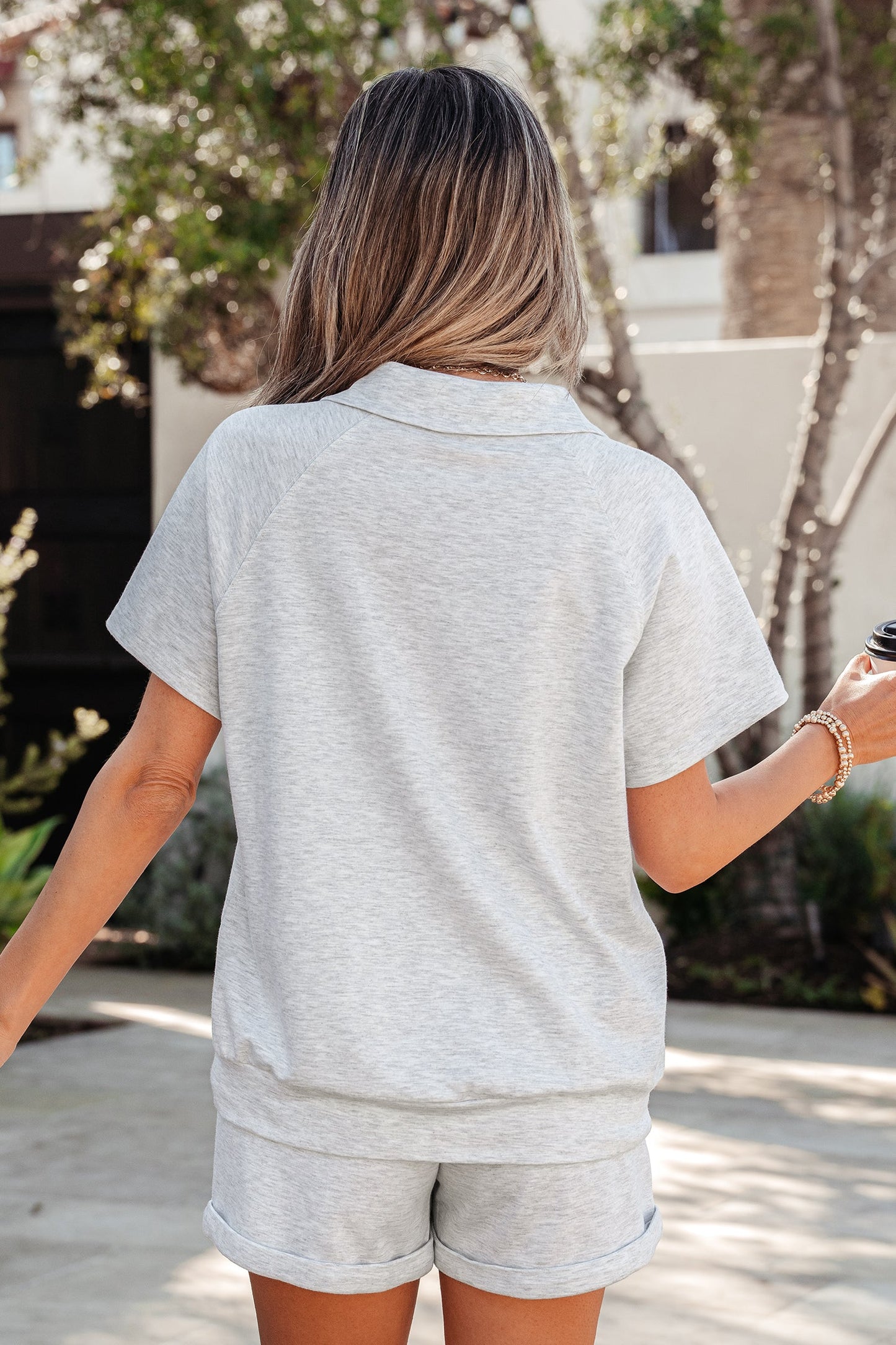 Collared V-Neck Tee & Drawstring Shorts Set