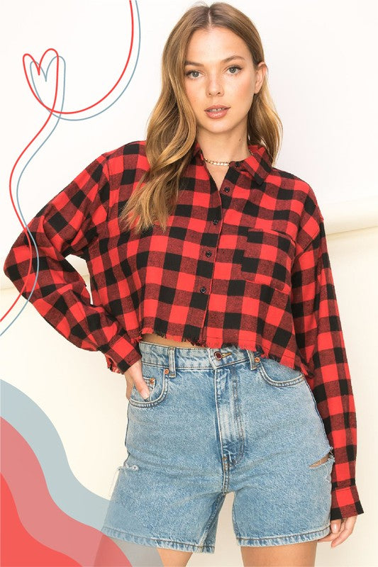 See Ya Plaid Print Button-Up Crop Top